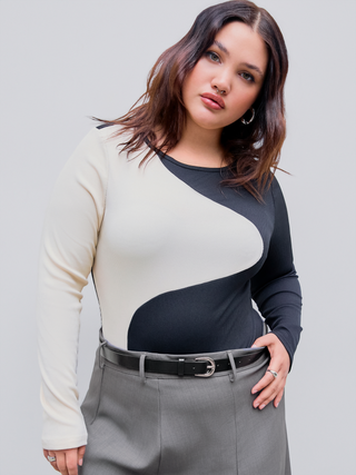 Rib Round Neck Contrasting Bodysuit  Curve & Plus