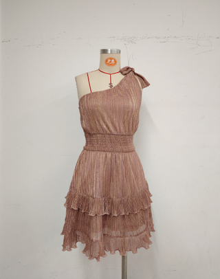 Metallic Asymmetrical Neck Tiered Ruffle Hem Mini Dress