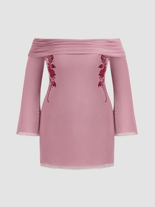 Mesh Off-shoulder Rose Mini Dress Curve & Plus