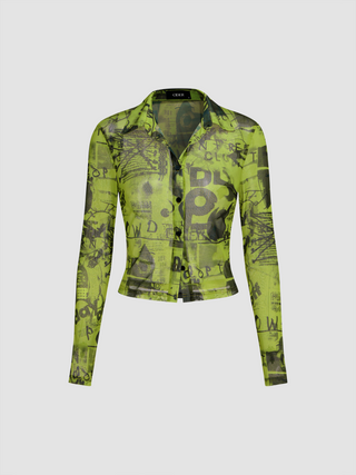 Mesh Collar Abstract See-through Long Sleeve Blouse