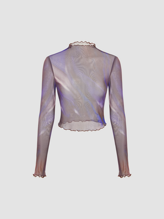 Mesh Stand Collar Abstract Long Sleeve Top