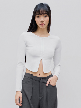 Round Neck Solid Zipper Long Sleeve Top