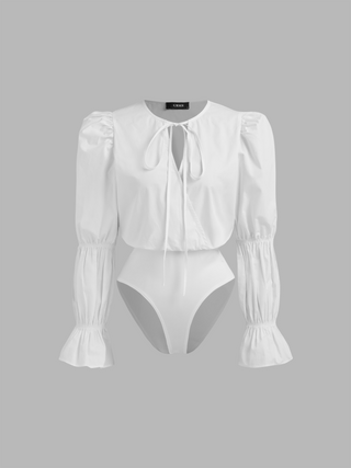 Round Neck Knotted Puff Sleeve Bodysuit