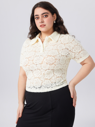 Polo Lace Floral Short Sleeve Top Curve & Plus
