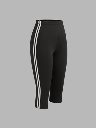 Mid Rise Solid Side Striped Knee Length Legging Shorts