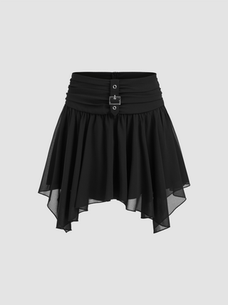 Mid Rise Asymmetrical Hem Belted Tulle Mini Skort