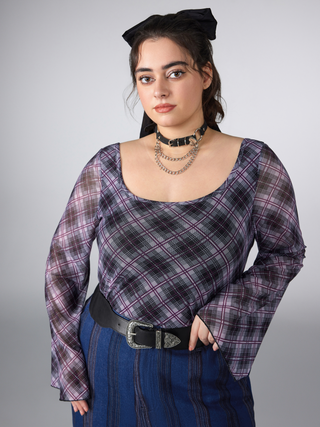 Mesh Square Neck Check Long Sleeve Blouse Curve & Plus