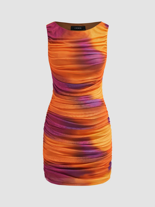Mesh Round Neckline Gradient Ruched Mini Dress