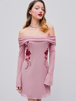 Mesh Off-shoulder Rose Mini Dress