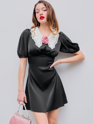 Rosette Doll Collar Puff Sleeve Mini Dress