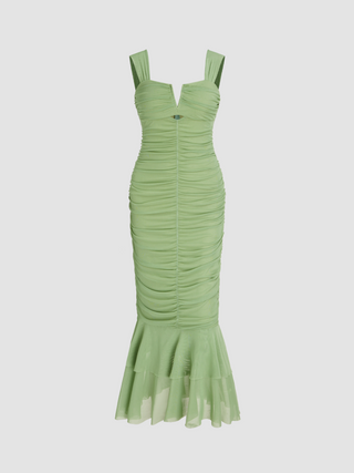Mesh Ruched Ruffle Hem Mermaid Maxi Dress