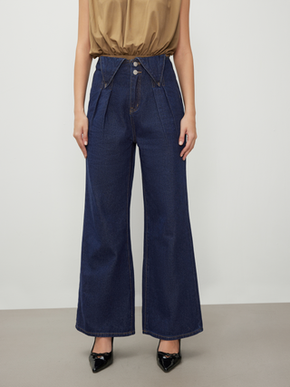 Mid Waist Pleated Button Wide Leg Jeans