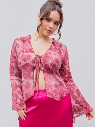 Mesh V-neck Paisley Bell Sleeve Blouse Curve & Plus