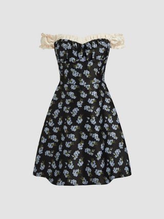 Off-shoulder Floral Corset Contrasting Binding Mini Dress