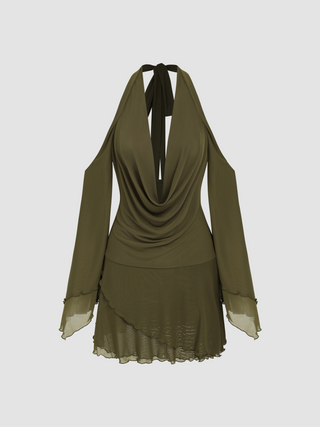 Mesh Cowl Neck Halter Mini Dress