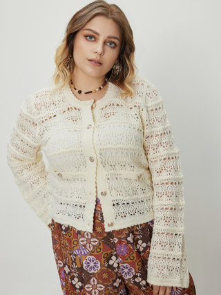 Round Neck Metallic Button Hollow Out Knitted Cardigan Curve & Plus