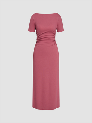 Round Neck Ruched Solid Maxi Dress