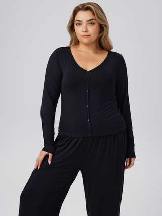 Long Sleeve Button Top & Middle Waist Trousers Loungewear Set Curve & Plus