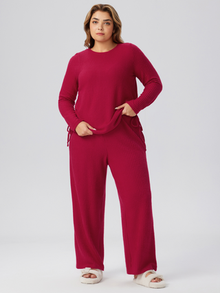 Round Neck Drawstring Pajama Top & Wide Leg Trousers Curve & Plus