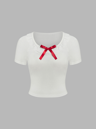 Round Neck Lettuce Trim Bowknot Crop Short Sleeve Top