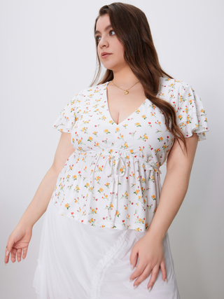 Jersey V-neck Floral Ruffle Hem Knotted Short Sleeve Top Curve & Plus