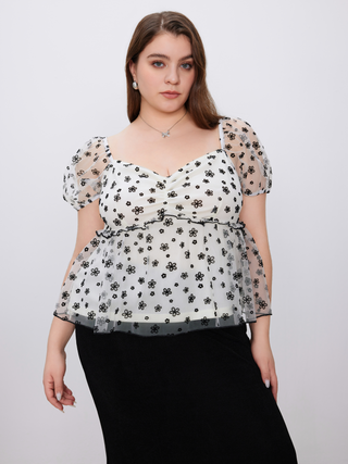 Mesh Sweetheart Floral Lettuce Trim Short Sleeve Blouse Curve & Plus