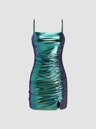 Metallic Square Neck Solid Ruched Mini Dress