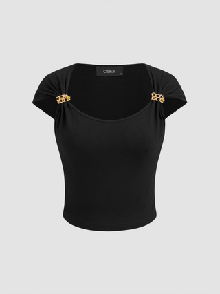 Round Neck Solid Chain Crop Short Sleeve Tee