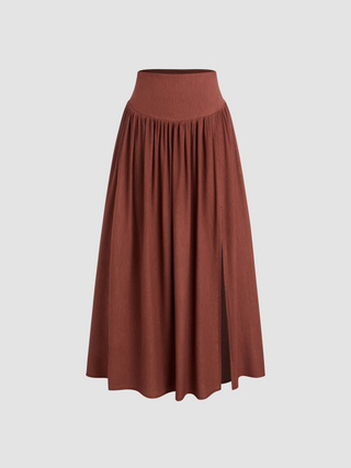 Mid Rise Solid Ruffle Hem Split Midi Skirt