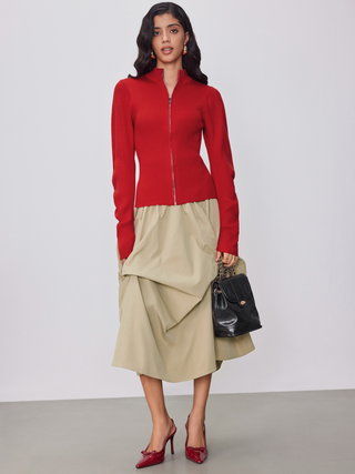Knit High Neck Solid Zipper Cardigan