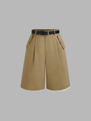Mid Rise Contrasting Binding Shorts With Belt