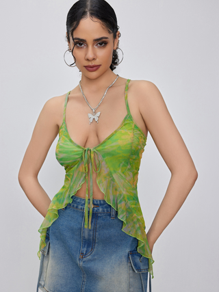Mesh Ruffle Knotted Crop Top