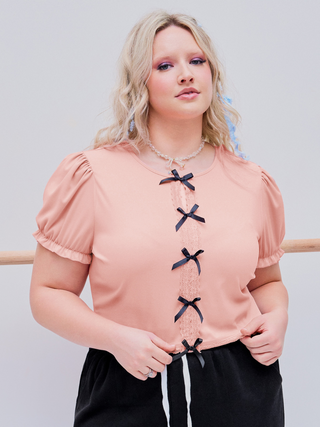Round Neck Bowknot Puff Sleeve Crop Top Curve & Plus