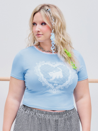 Round Neck Cat & Plant Graphic Lace Trim Tee Curve & Plus
