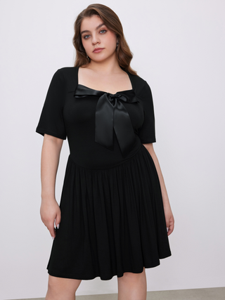 Round Neck Bowknot Ruffle Hem Mini Dress Curve & Plus