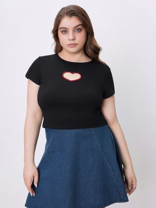 Round Neck Heart Cut Out Short Sleeve Tee Curve & Plus