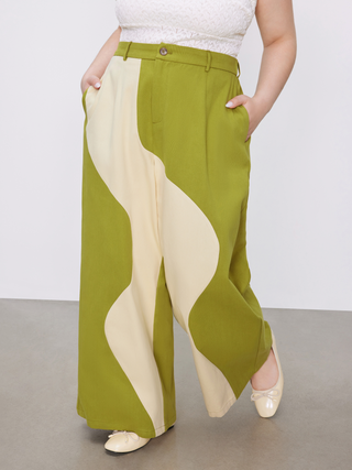 Mid Waist Chevron Contrasting Wide Leg Trousers Curve & Plus