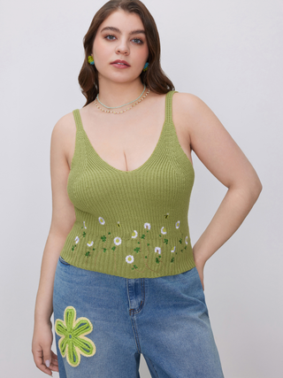 Knit Floral V-neck Tank Top Curve & Plus