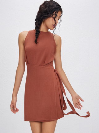 Linen-blend Zipper Lace Up Mini Dress