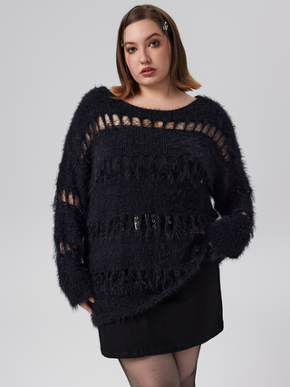 Knit Hollow Out Fuzzy Top Curve & Plus
