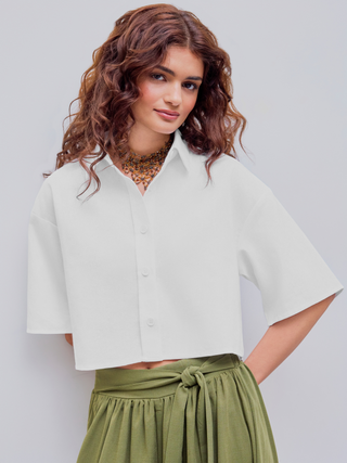 Linen-Blend Collar Solid Middle Sleeve Crop Blouse