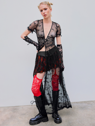 Mesh V-neck Solid Maxi Dress