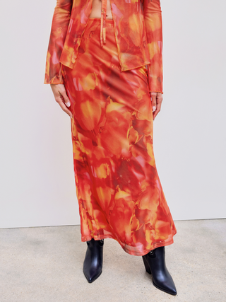Mesh Mid Rise Abstract Maxi Skirt