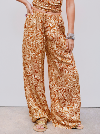 Mid Rise Paisley Knotted Pocket Wide Leg Trousers
