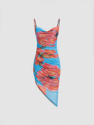 Mesh Cowl Neck Floral Ruched Asymmetrical Hem Midi Dresses