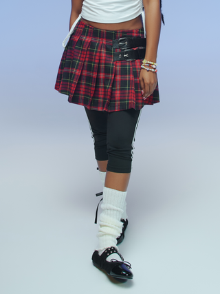 Low Rise Tartan Pleated Belted Mini Skirt