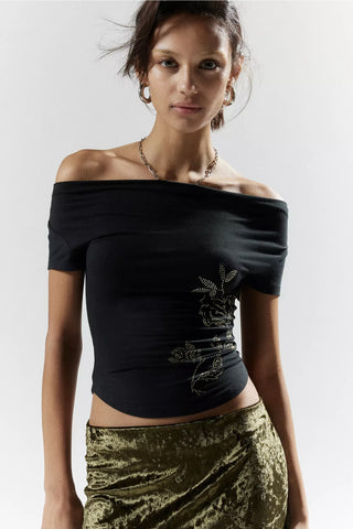 Off-shoulder Floral Rhinestone Solid Short Sleeve Top