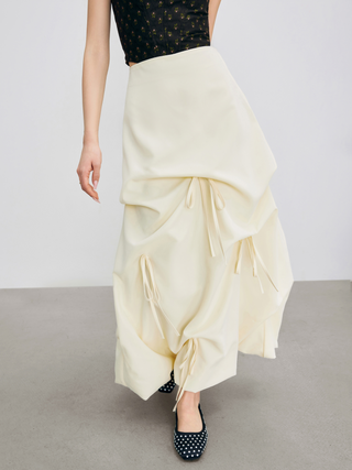 Mid Rise Bowknot Ruched Solid Maxi Skirt
