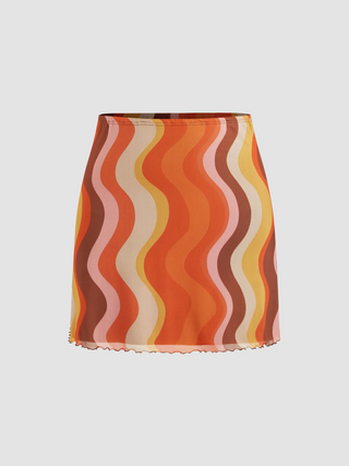 Mesh Mid Rise Abstract Wave Mini Skirt