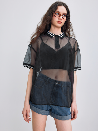 Polo See-through Solid Short Sleeve Shirt